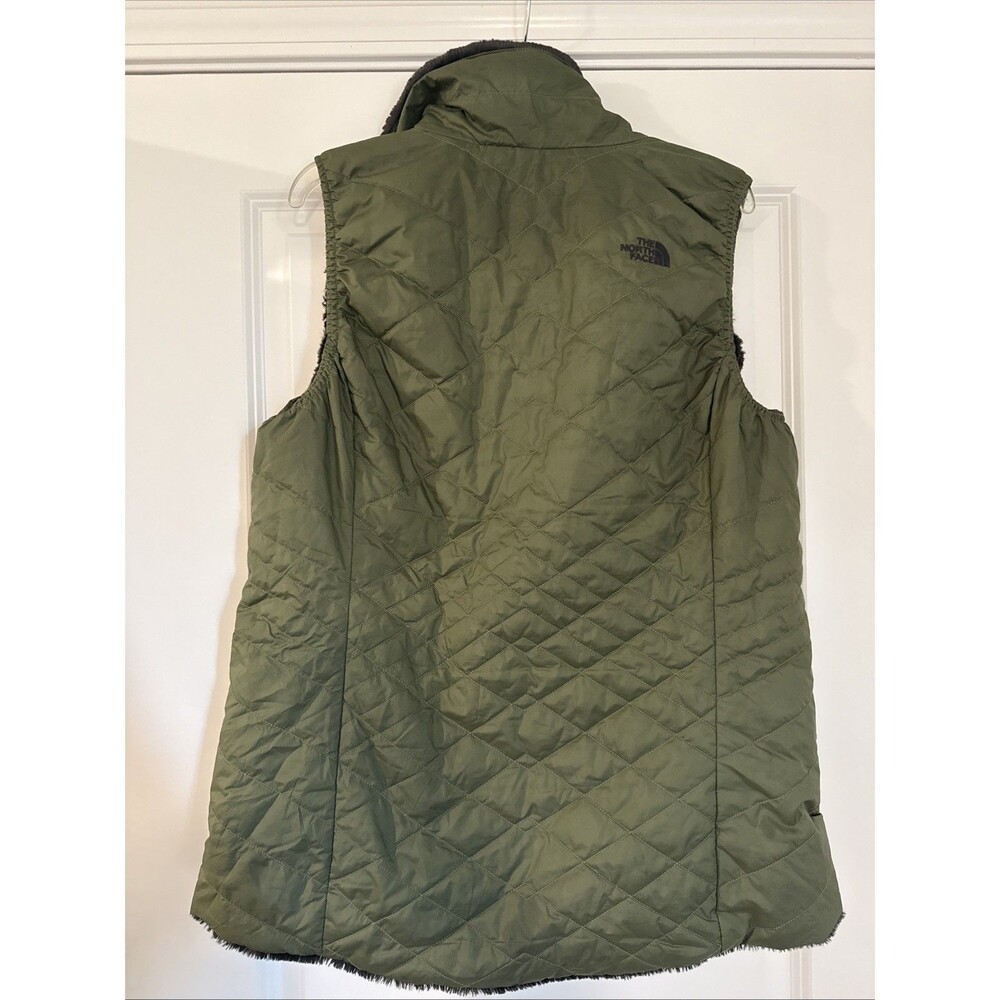 North Face Olive Green Silky Faux Fur Quilted Reversible Vest WOMENS XL - Picture 4 of 4
